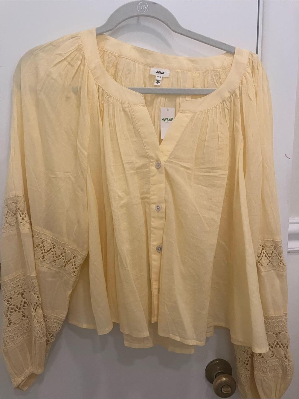 aerie Pale Yellow Crochet-Trim Boho Peasant Blouse